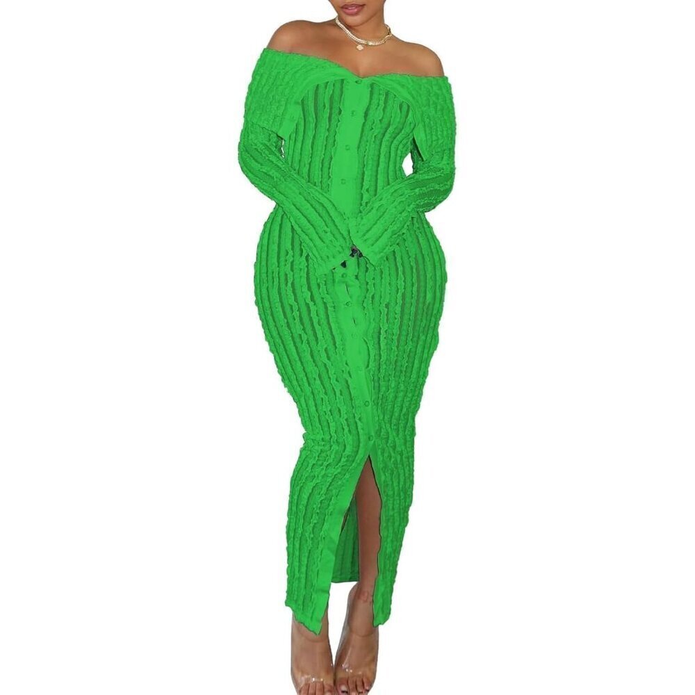 Sexy Button Down Dresses for Women green Ruffle Bodycon Off Shoulder Maxi Dress
